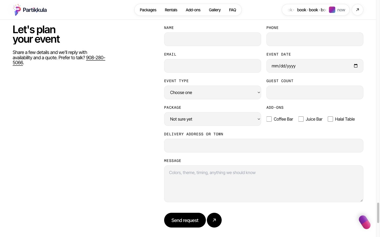 Partikkula quote request form with event date, guest count, package and add-ons